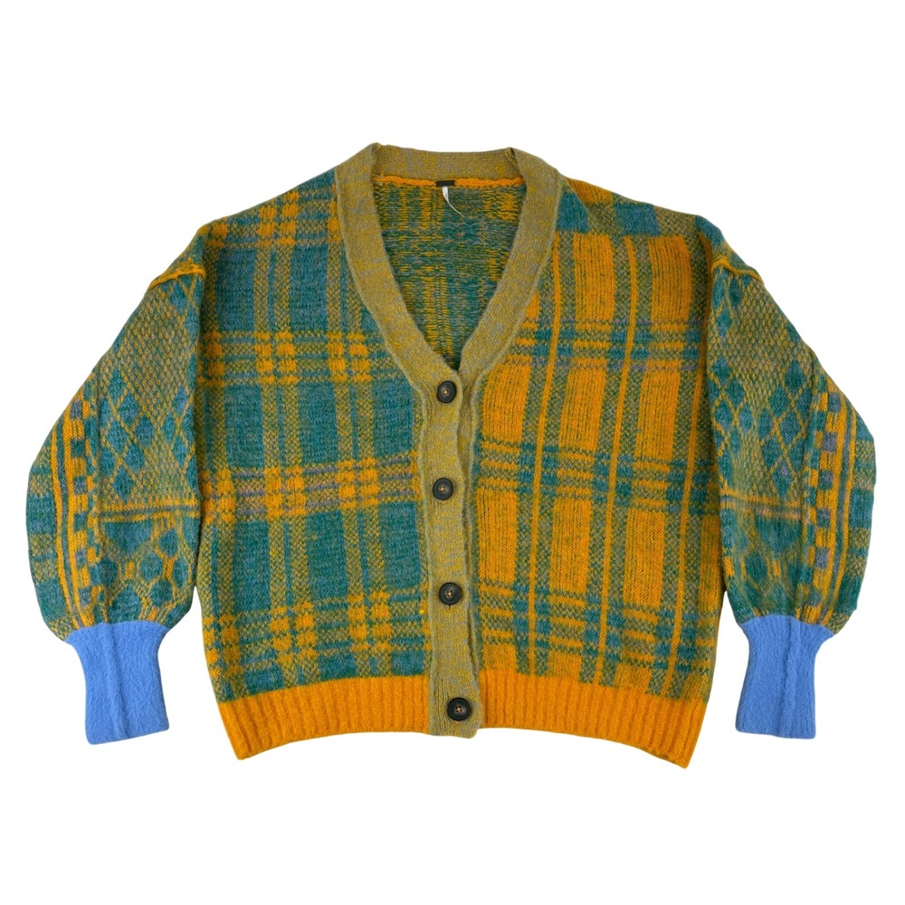 Free People Plaid Cardigan Women Size S Orange Blue Oversized Wool Blend Sweater